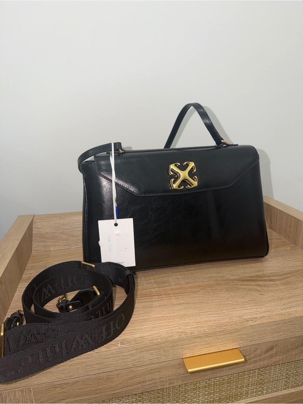Off-White Jitney Black Leather Top-Handle / Cross Body Bag with Gold Accent